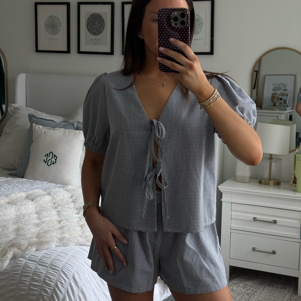 Blue Gingham Tie-Front Top and Shorts Set